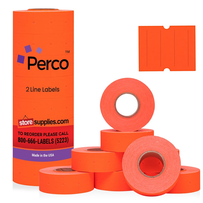 Perco 2 Line Fluorescent Red Labels - 8 Rolls, 1 Sleeve, 6,000 Blank Price and Date Gun Labels for Perco 2 Line Price and Date Guns - Made in USA - Image 1